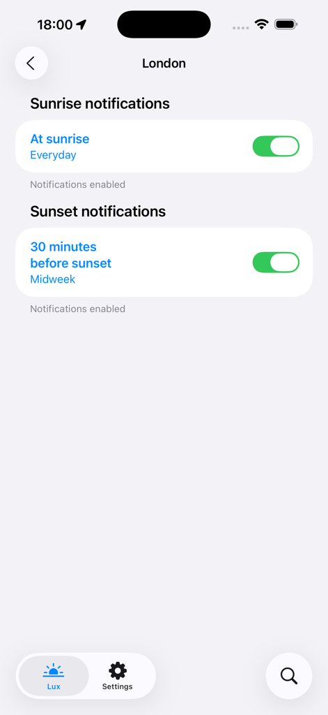 Lux - Sunrise and Sunset - Notification settings for sunrise and sunset times in the Lux app