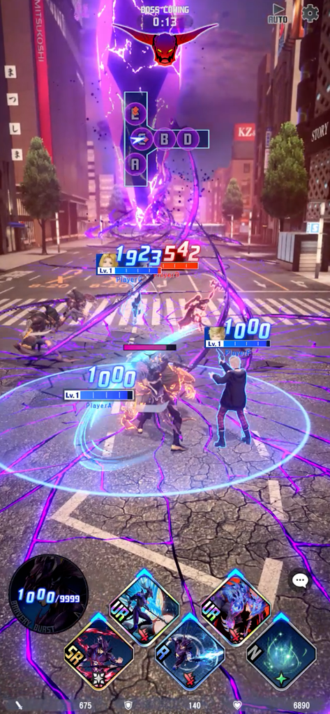 Characters from Final Fantasy engage in a 3v3 team battle against a boss on a modern Tokyo street.
