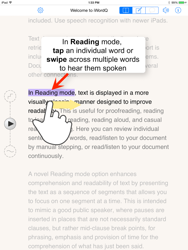 Captura de pantalla de iWordQ CA mostrando el tutorial del modo de lectura para texto a voz utilizando un gesto de deslizamiento.