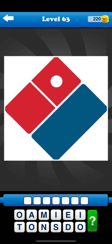 Un nivel del Juego de Adivinar el Logo de Marca con el logo de Dominos Pizza y una cuadrícula de letras debajo.