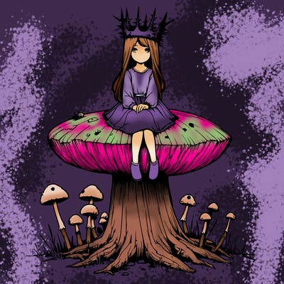 realistic girl sitting on a huge tree stump size toadstool with thorn crown