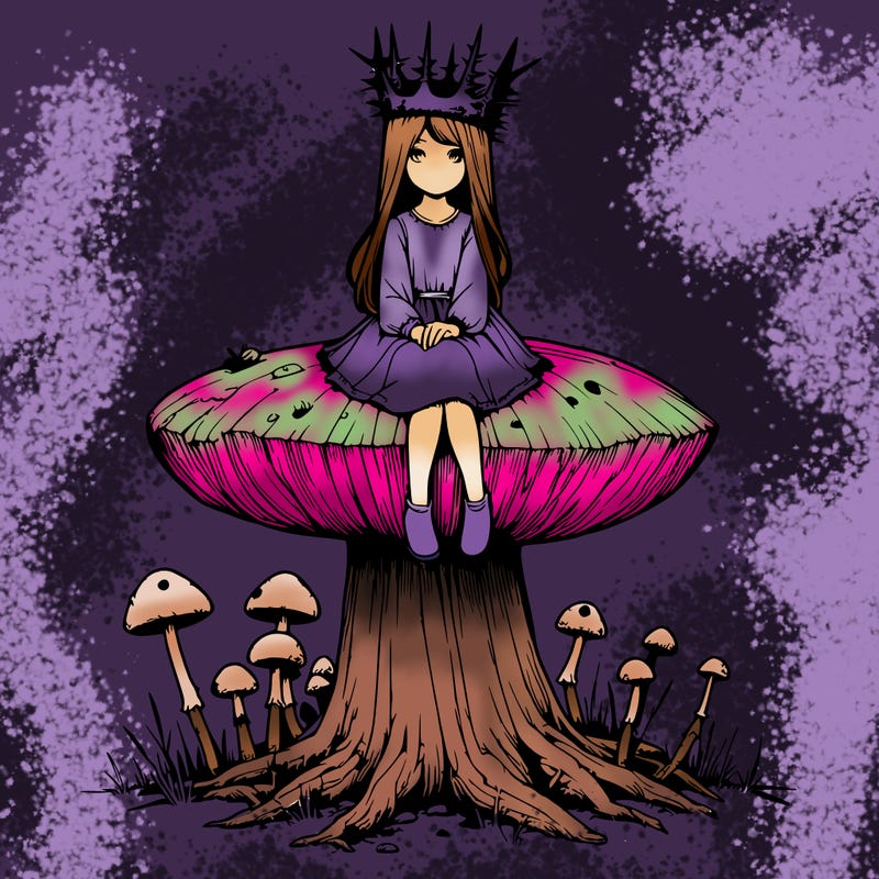 realistic girl sitting on a huge tree stump size toadstool with thorn crown