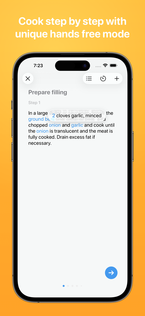 Crouton app displaying step by step recipe instructions and hands free mode feature