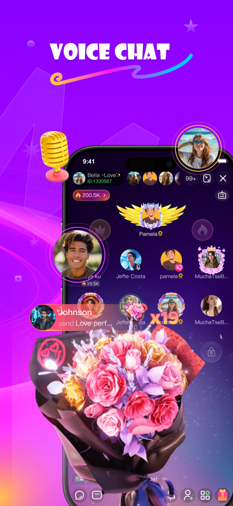 Oberfläche der Moma Live App, die einen Gruppen-Voice-Chatraum mit einer großen animierten Blumenstrauß-Geschenk-Animation zeigt.