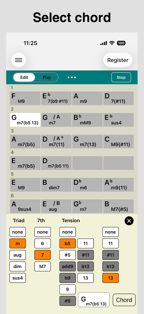 Piano Chords Master app screen showing chord progression grid and advanced chord editor