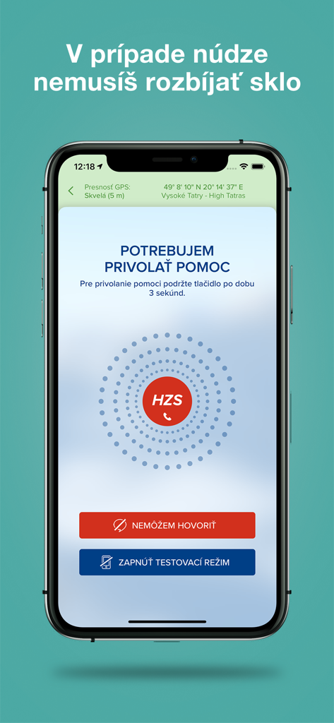 Pantalla de smartphone que muestra la interfaz de la app de Rescate de Montaña HZS con un gran botón rojo de llamada de emergencia y coordenadas GPS para los Altos Tatras.
