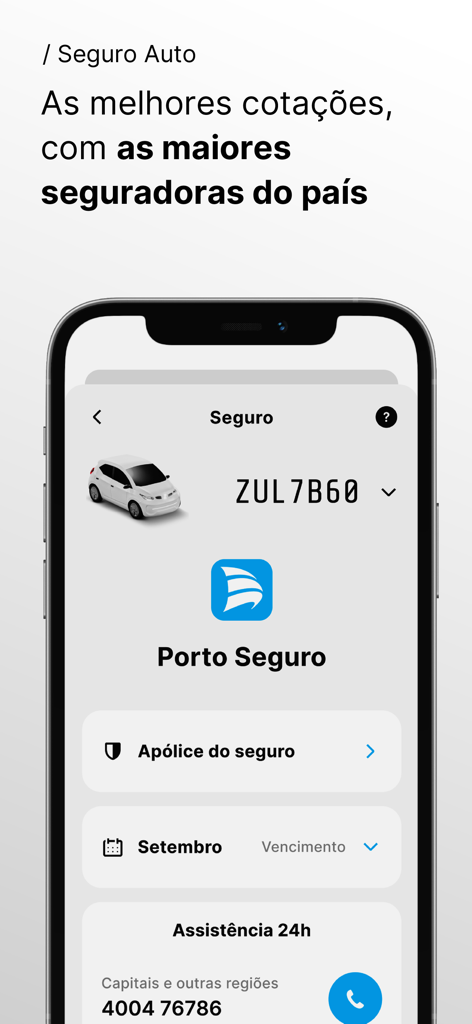 Mobile app screen displaying vehicle insurance policy details and 24-hour assistance information