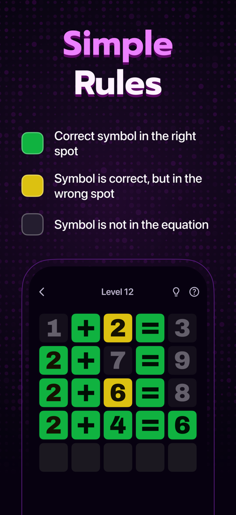SolveMate: Math Puzzle Game - SolveMate数学パズルのルール画面。方程式を解くための色分けされたヒントが表示されています。