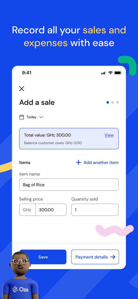 Oze - Oze mobile app interface for recording business sales and expenses easily