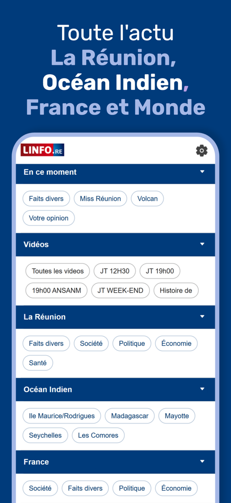 Interfaz de la aplicación de noticias Linfo que muestra categorías de noticias locales para la Isla de La Reunión y el Océano Índico