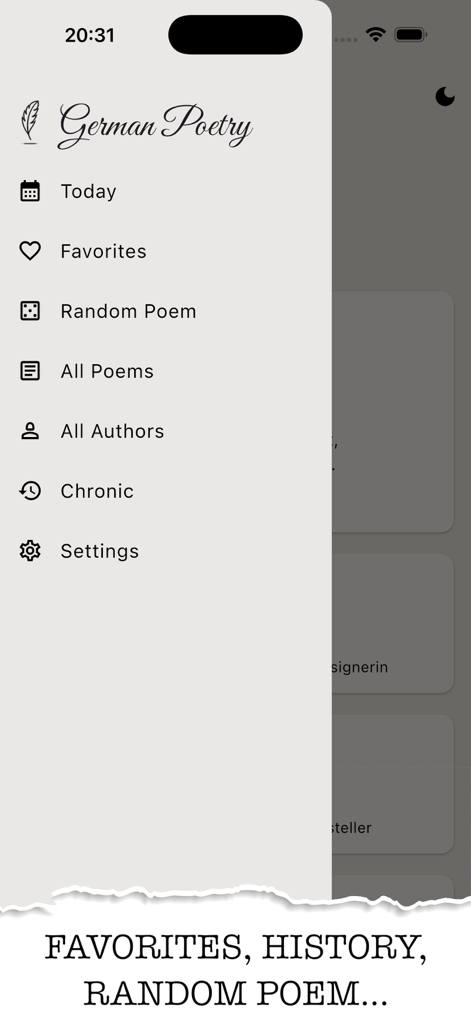 German poetry - Side navigation menu of the German Poetry app showing options like Favorites and Random Poem