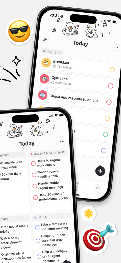 Plan Joy mobile app screens featuring a daily schedule and task prioritization quadrants.