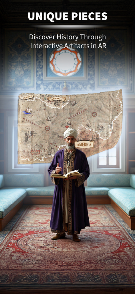 DREAL Museums - Augmented reality display of a historical figure with a floating ancient map
