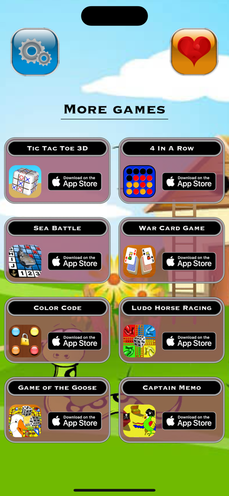 The Game of Snakes and Ladders - More games menu screen showing classic family board games and card games available for download