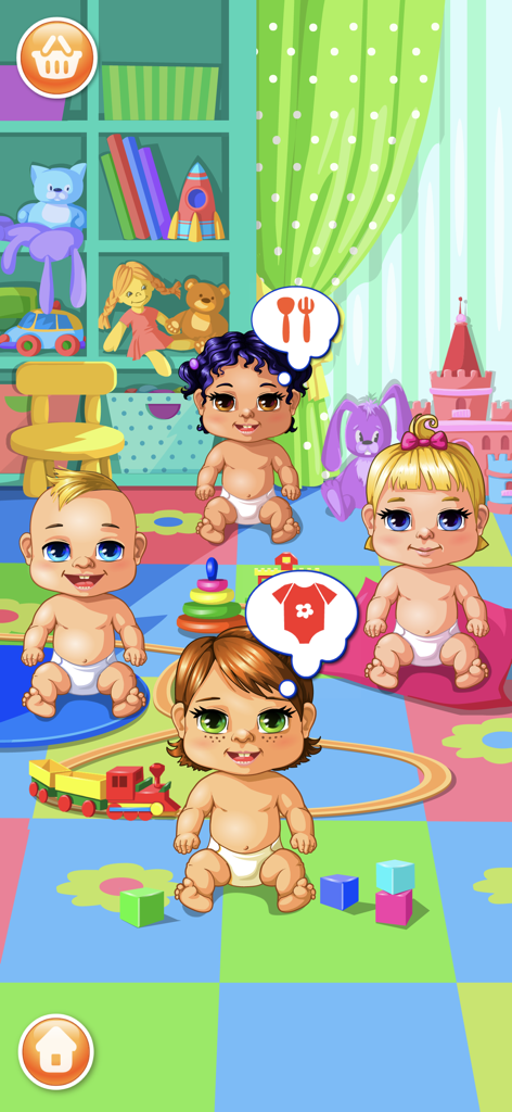 My Baby Care - Babysitter Game - Four adorable babies in a colorful nursery playroom with toys and thought bubbles