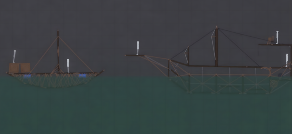 Dos estructuras de barcos de madera con figuras de muñecos de trapo en un entorno de sandbox de física.