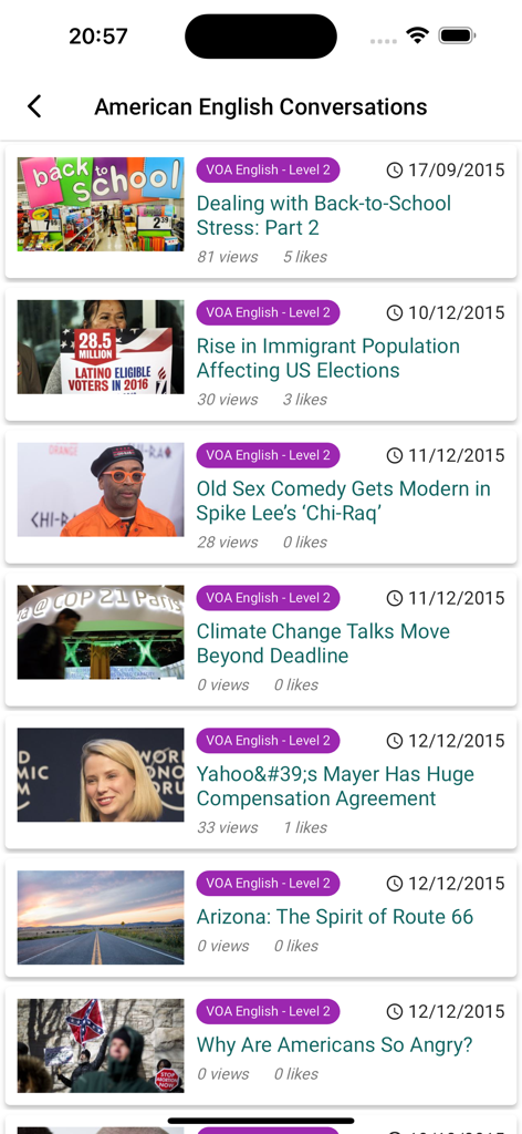 Learn English Listening: 6mins - A list of American English conversation lessons covering various social and news topics for language learners.