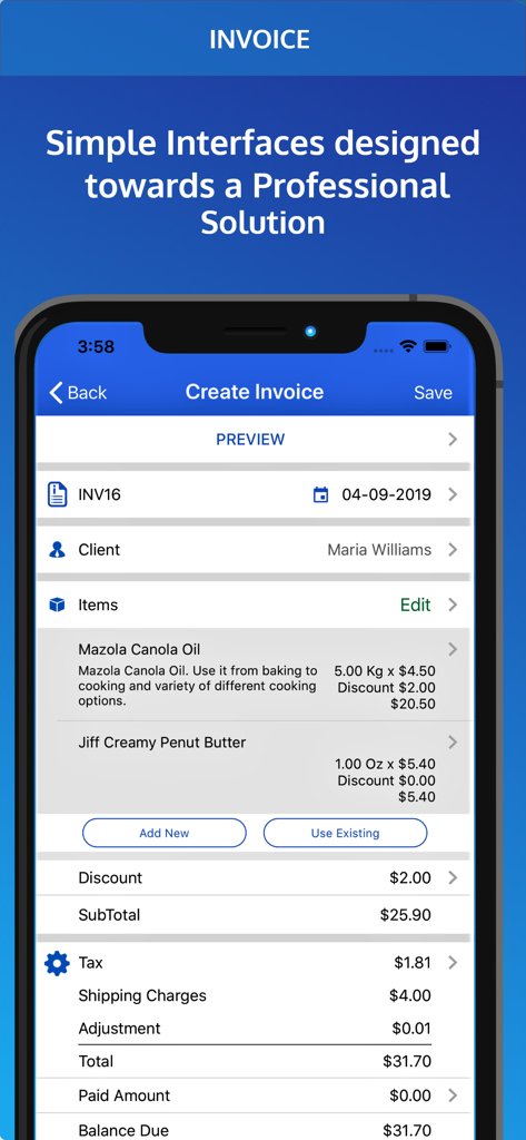 Invoice Pro. Invoice on the go - Mobile interface of Invoice Pro app showing the create invoice screen with itemized charges and total amount