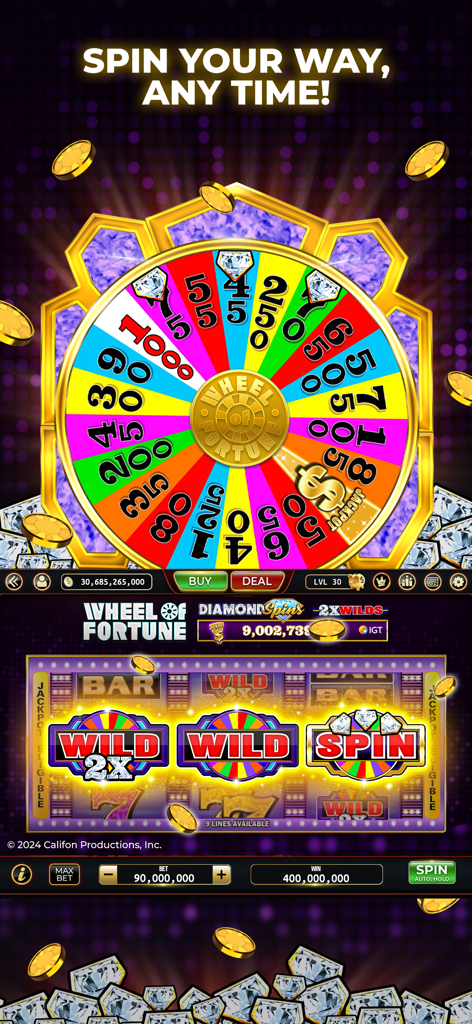 Lucky Eagle Play - Slots Games - Lucky Eagle Play app featuring a Wheel of Fortune slot machine with a large bonus prize wheel and slot reels.
