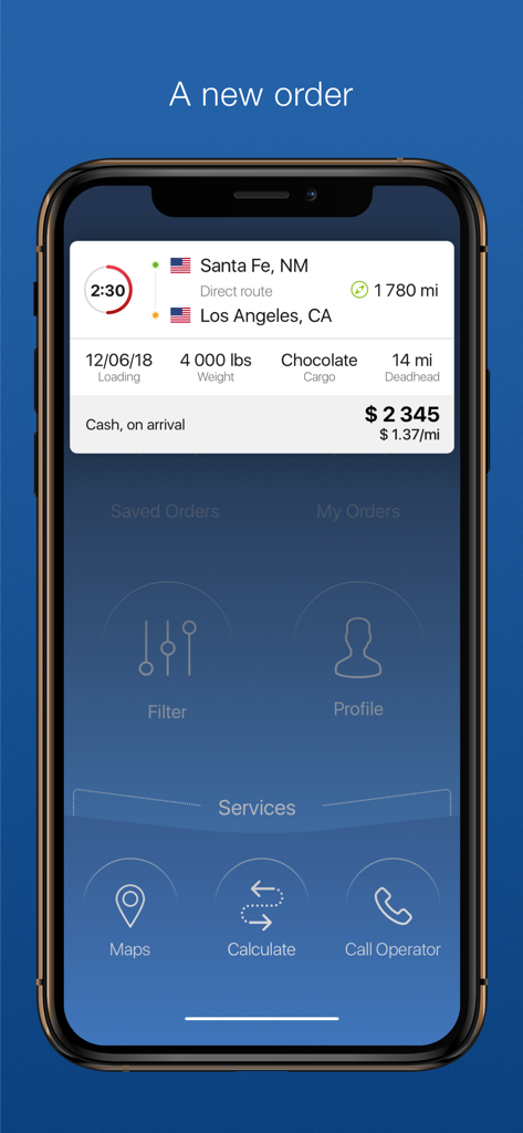 T.Driver App-Oberfläche, die eine neue Frachtbestellung von Santa Fe nach Los Angeles mit Versanddetails anzeigt