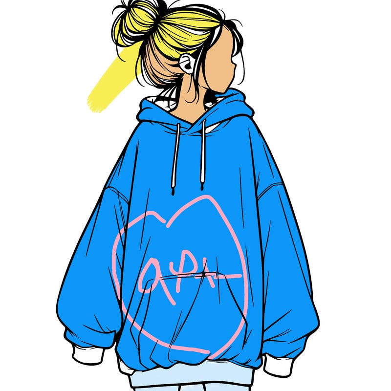 realistic girl with a oversized sweatshirt on and a bun