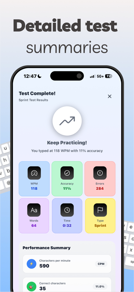Type Speed: Typing Games Test - A mobile app screen showing detailed typing test results including WPM, accuracy, and errors.