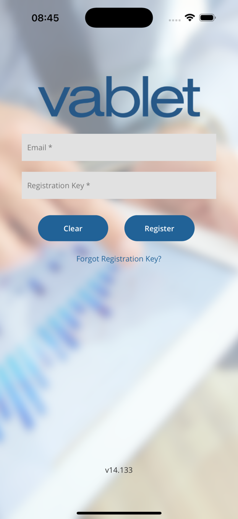 vablet - Registration interface for the vablet app requiring an email and registration key