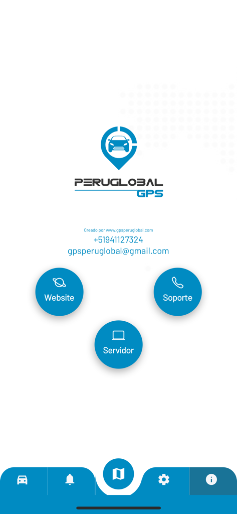 PERUGLOBAL GPS - Peruglobal GPS app information screen with contact details and support buttons