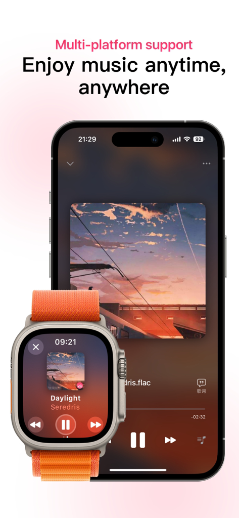 OnePlayer Pro app interface showing offline music playback on iPhone and Apple Watch
