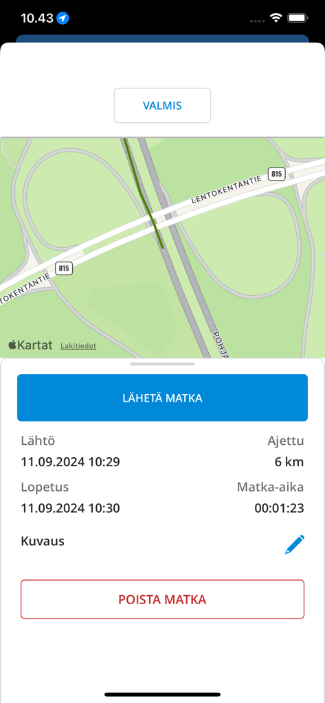 Visma M2 app interface showing a business trip summary with route map and mileage data