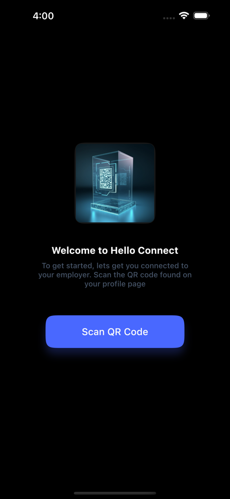 Hello Connect - Willkommensbildschirm der Hello Connect-App mit einer Schaltfläche zum Scannen eines QR-Codes