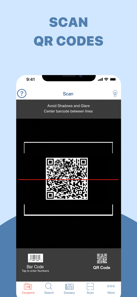 COUPON – Promo Codes, Deals - Interfaz de la aplicación móvil de BuyVia mostrando la función de escáner de códigos QR para encontrar ofertas y comparaciones de precios.