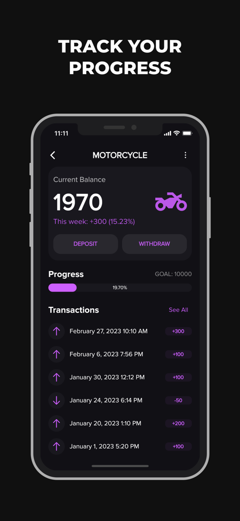 Moneybox App - Una pantalla de aplicación móvil mostrando el progreso hacia una meta de ahorro para una motocicleta con un historial de transacciones.