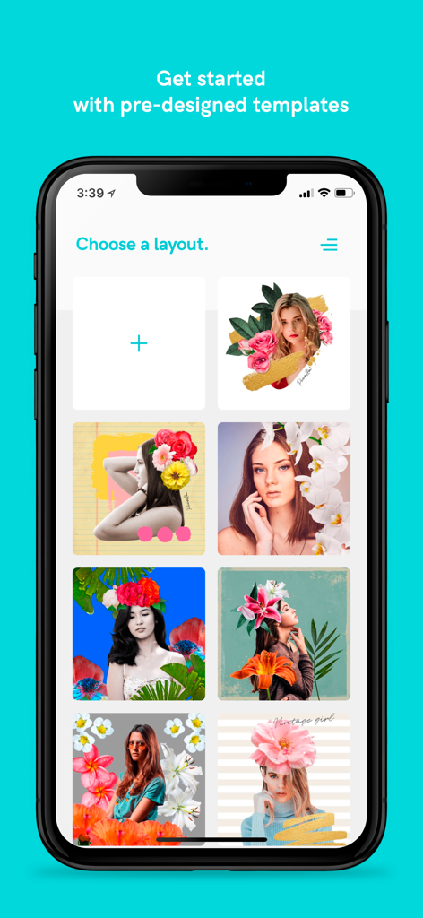 Picolla - Be Bohemian - A mobile screen showing pre-designed bohemian style photo templates with flowers and artistic graphics