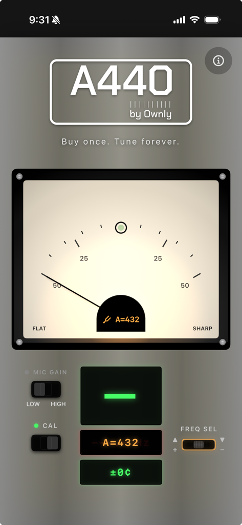 A440 Tuner by Ownly - A440 Tuner app interface showing a professional analog-style meter and 432Hz frequency selection.