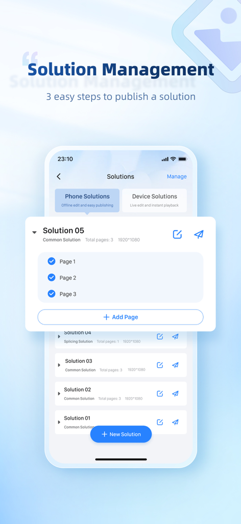 ViplexHandy - Interface móvel do aplicativo ViplexHandy para gerenciar e publicar soluções de conteúdo em telas de LED