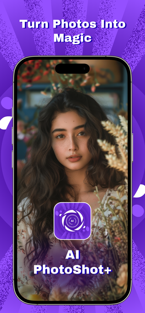 AI PhotoShot+ - AI PhotoShot+ app screen featuring an aesthetic portrait and the tagline Turn Photos Into Magic.