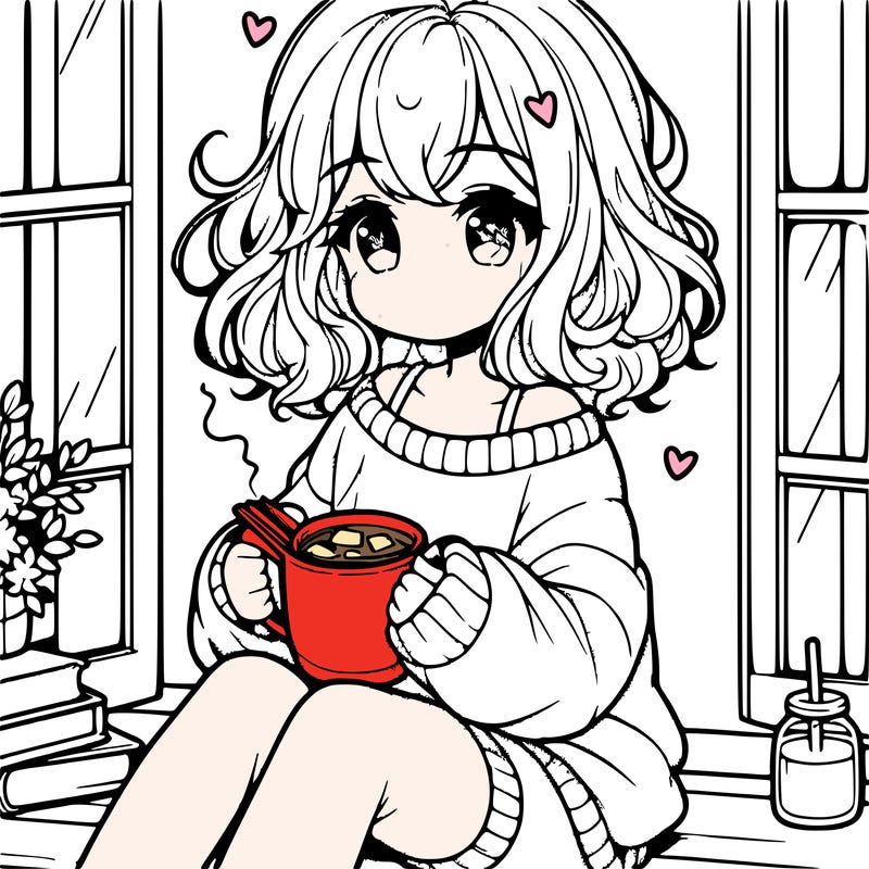 cute anime girl reading book and drinking hot chocolate from mug with loose wavy hair wearing a baggy sweatshirt and shorts sitting by windowsill looking out