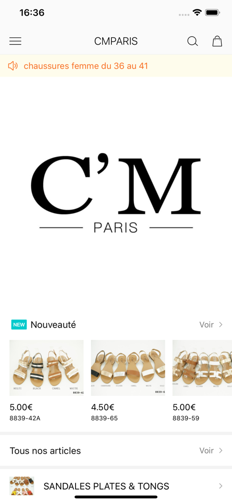 Pantalla de inicio de la aplicación mayorista de CM paris que muestra las novedades en sandalias para mujer y categorías de calzado de moda.