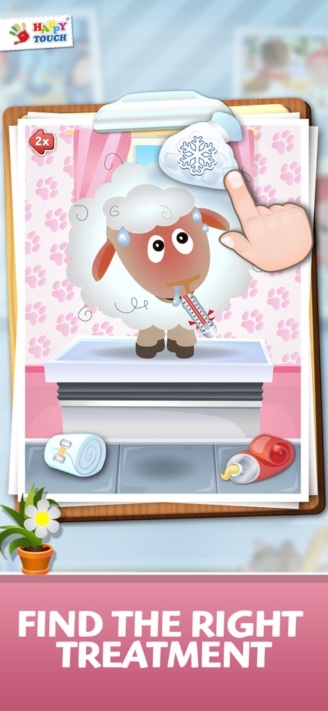 Pet Doctor Happytouch - A sick sheep with a fever receiving an ice pack treatment in the Pet Doctor Happytouch game