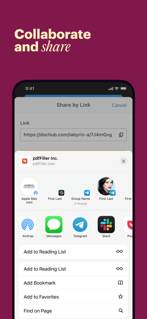 Schermata dell'app mobile DocHub che mostra le opzioni per collaborare e condividere un documento PDF tramite un link sicuro e il foglio di condivisione iOS.