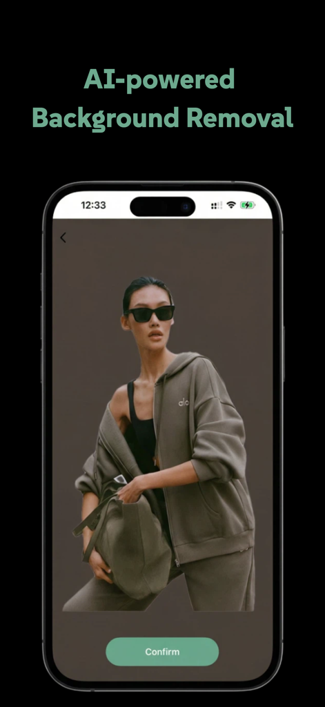 Lookbooks - Express Creativity - A smartphone screen displaying the AI-powered background removal feature in the Lookbooks fashion app.