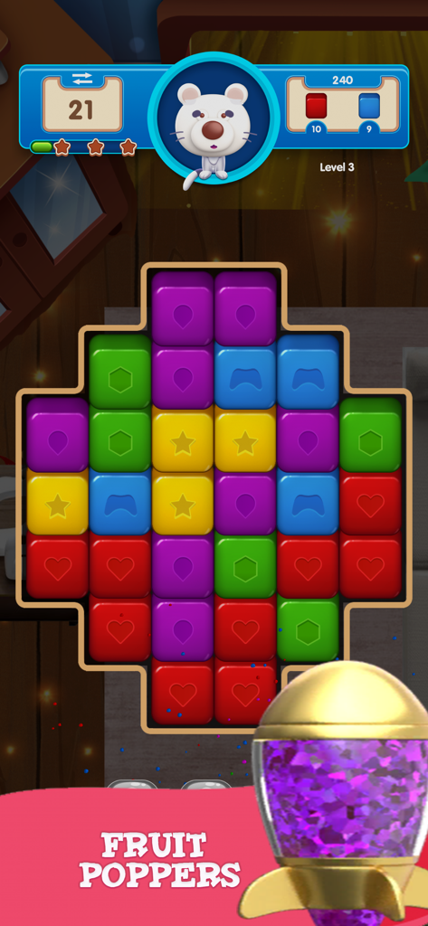 Fruit Poppers Fun Puzzle Game - Captura de pantalla del juego de Fruit Poppers que muestra coloridos bloques de combinación y un lindo personaje mascota