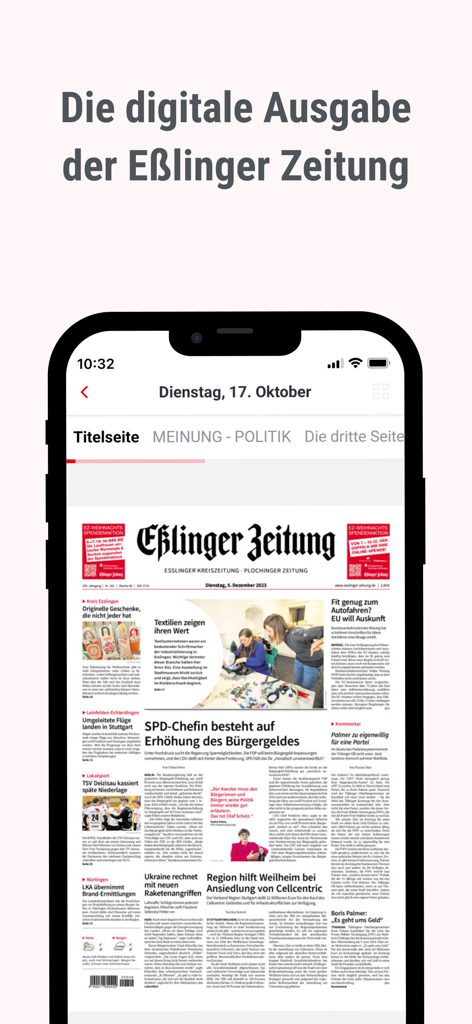 Smartphone-Bildschirm, der die digitale Ausgabe der Zeitungs-App Eßlinger Zeitung anzeigt.