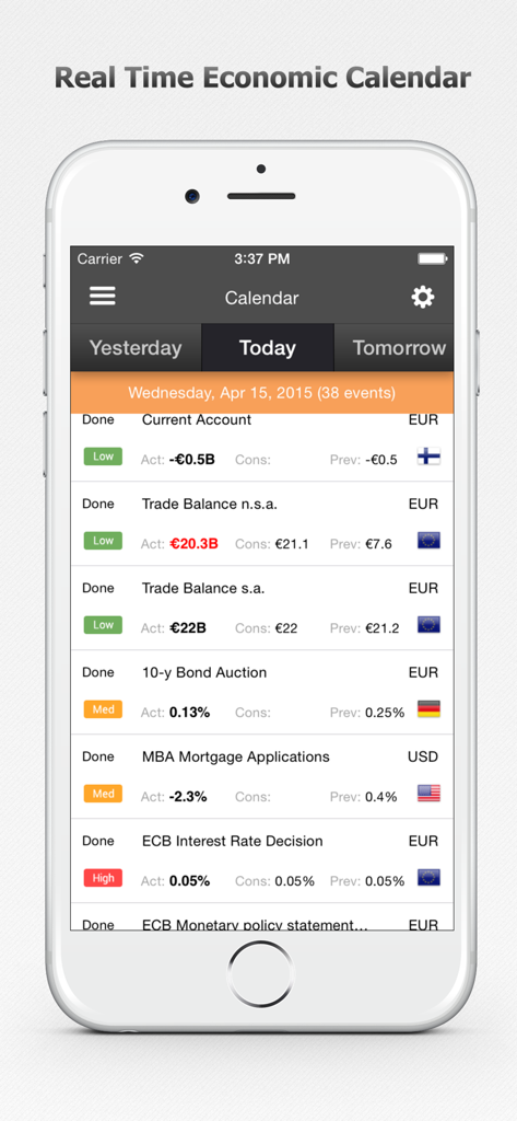 Forex Calendar, Market & News - Uno schermo di telefono cellulare che mostra un calendario economico in tempo reale per il trading forex con vari eventi di mercato e livelli di impatto