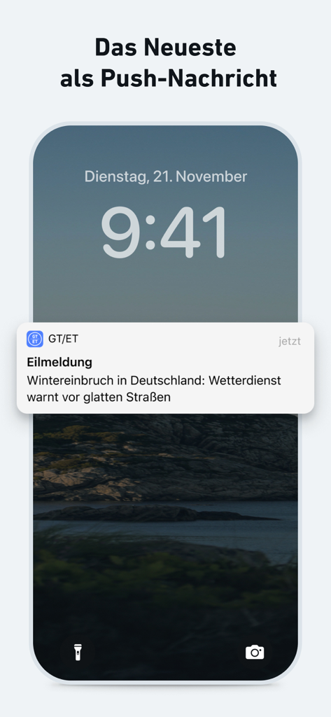 GT/ET - News und Podcast - A smartphone lock screen showing a GT/ET news app push notification with a breaking weather alert for Germany.