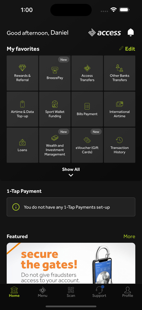 The home screen of the Access More mobile banking app displaying a personalized dashboard with quick links for transfers and bill payments.