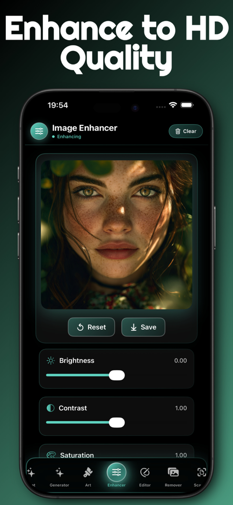 Interfaz de la aplicación Lmarena AI Art Generator mostrando la función Mejora de Imagen con controles deslizantes para brillo y contraste en una foto de retrato.