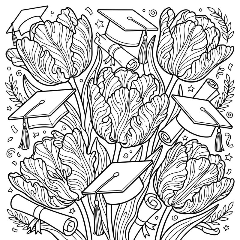 Honor the achievements of a graduate with this beautifully intricate coloring page. Featuring stunning parrot tulips alongside classic graduation symbols, it's a perfect blend of natural beauty and academic success.