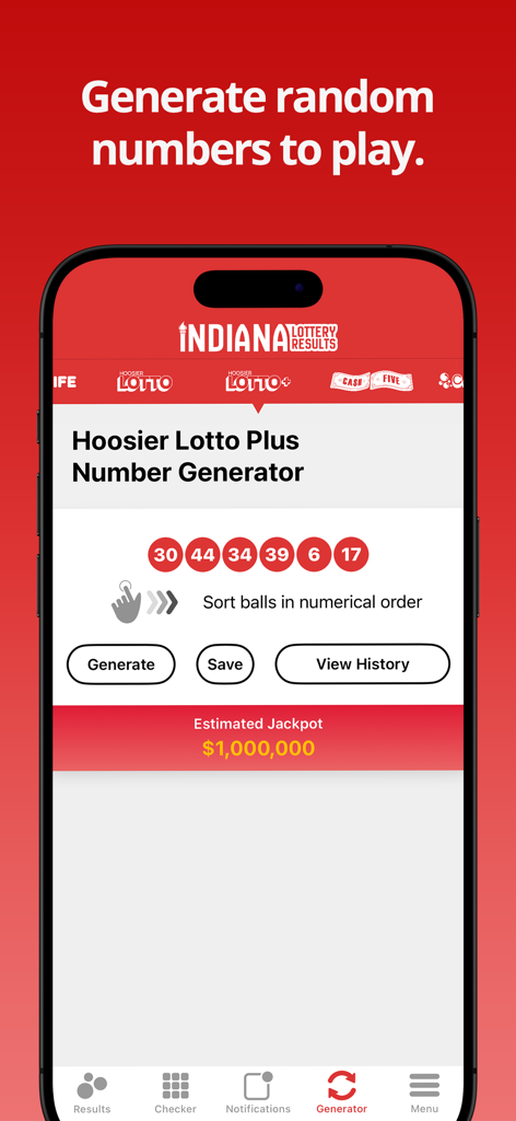 Indiana Lottery Numbers - The Indiana Lottery Numbers app screen showing the Hoosier Lotto Plus random number generator with an estimated jackpot of one million dollars